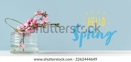 Vase with beautiful blossoming branches and text HELLO, SPRING on light blue background Royalty-Free Stock Photo #2262444649