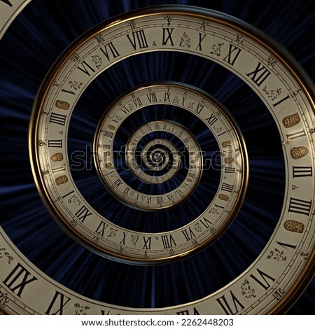 Surreal infinity time spiral in space, antique old clock abstract fractal spiral 3d illustration. Time travel concept


