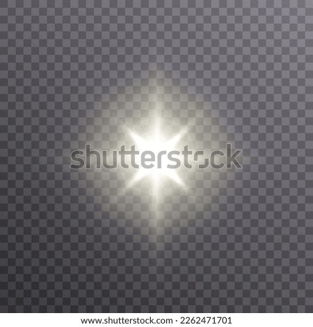 Bright sun shines with warm rays, vector illustration Glow gold star on a transparent background. Flash of light, sun, twinkle. Vector for web design and illustrations.	