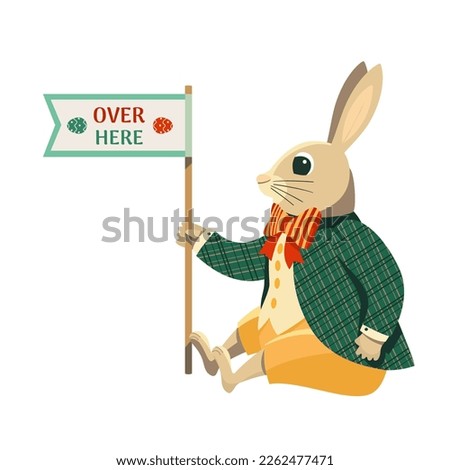 Cute Easter bunny design for Egg hunt decoration. Funny rabbit bunny cartoon vector illustration. Holiday party flyer, banner design element. Festive family, children fun game invitation background
