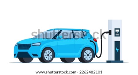 Blue electric car charging, side view. Electric car charging station. Electricity eco new technology cars of the future. Vector Illustration Royalty-Free Stock Photo #2262482101