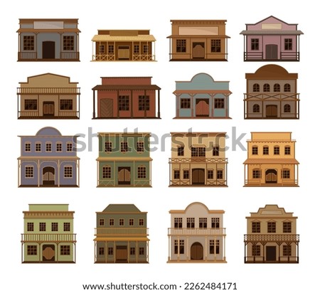 Set of western houses. Old wild west saloon buildings with swinging doors flar vector illustration Royalty-Free Stock Photo #2262484171