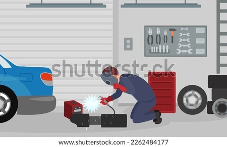 Professional welder at work. Worker in protective mask and gloves welding in auto repair shop cartoon vector