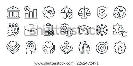 Social policy editable stroke outline icons set isolated on white background flat vector illustration. Pixel perfect. 64 x 64.
