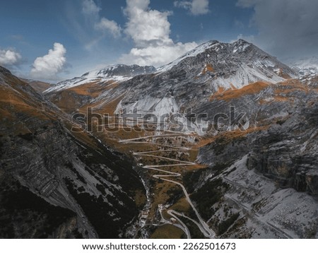 passo dello stelvio mountain pass in italy dolomites switzerland alps alpine roads aerial panorama Royalty-Free Stock Photo #2262501673