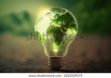 Green World Map On The Light Bulb With Green Background, Renewable Energy Environmental Protection, Renewable, Sustainable Energy Sources. Environmental Friendly. Renewable Energy 