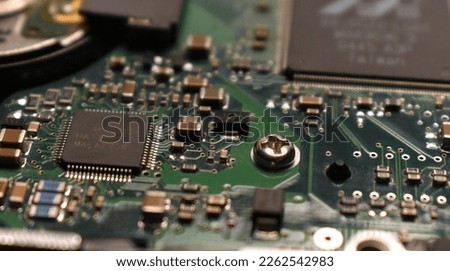 Micro chips, microprocessors on circuit board. Close up picture.