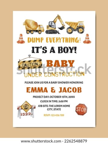 Baby Shower with Construction theme watercolor invitation card background template for baby and kids birth celebration