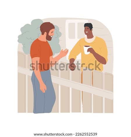 Good neighbours isolated cartoon vector illustration. Neighbors speaking through the fence, cups of coffee in hands, casual talk, outdoor meeting, good friendly relationship vector cartoon. Royalty-Free Stock Photo #2262552539