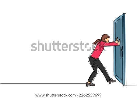 Continuous one line drawing businesswoman pushes closed door on white wooden door frame. Business struggles. Strength for success. Opening closed doors. Single line draw design vector illustration