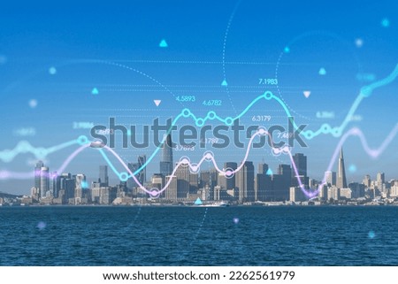 Panoramic city view of San Francisco skyline at sunrise from Treasure Island, California, United States. Forex candlestick graph, charts hologram. The concept of internet trading, brokerage, analysis