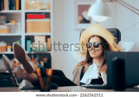 
Office Worker Ready to Go on Vacation for a Break. Funny manager slaking and procrastinating at work
 Royalty-Free Stock Photo #2262562511