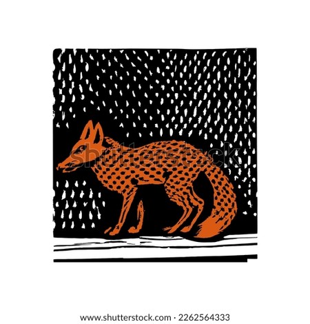 Walking fox monochrome hand drawn linocut. Wildlife vector illustration. Forest animal.