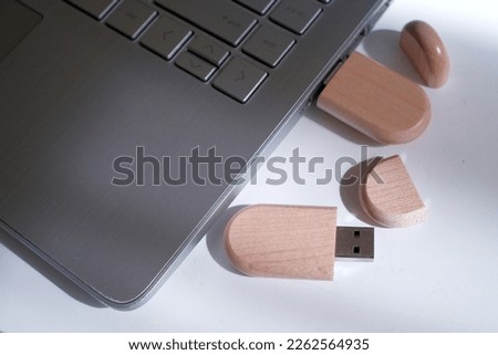 usb flashdisk, made of wood stuck in the laptop
