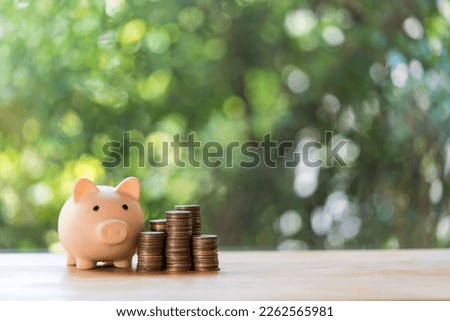 Cute piggy bank, pink color with piles of coins on a wood table against nature background. Coin with copy space. Saving money, Investment and finance concept. Retirement Savings