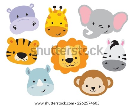 Cute baby safari animal faces vector illustration. The set includes a tiger, lion, elephant, giraffe, zebra, hippo, rhino, and monkey.
 Royalty-Free Stock Photo #2262574605