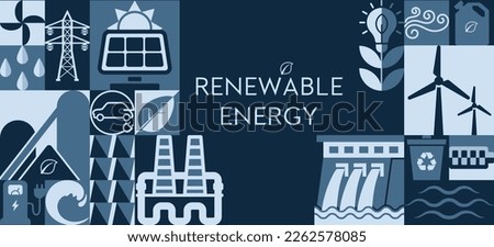 Simple geometric shapes in the renewable energy emblem banner provide Bauhaus-inspired simplicity. This is produced using symbols for renewable energy sources. For sustainable and green energy concept Royalty-Free Stock Photo #2262578085