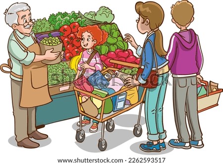 family shopping at the market cartoon vector