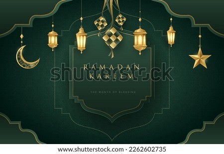 Ramadan Kareem design on green Islamic background with gold ornament star, moon, lanterns and ketupats. Suitable for raya and ramadan template concept. Royalty-Free Stock Photo #2262602735