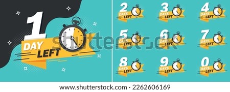 0, 1, 2, 3, 4, 5, 6, 7, 8, 9 days left icon in flat style. Offer countdown date number vector illustration on isolated background. Sale promotion timer sign business concept. Royalty-Free Stock Photo #2262606169