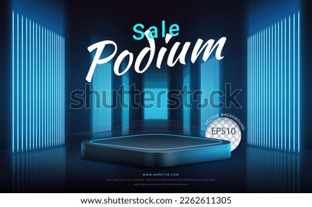 Podium with blue neon light background. Vector illustration