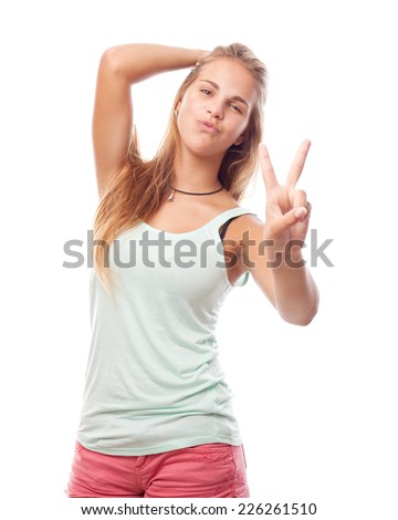young cool woman victory sign