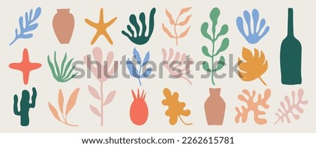 Set of abstract organic shapes inspired by matisse. Plants, cactus, leaf, algae, vase in paper cut collage style. Contemporary aesthetic vector element for logo, decoration, print, cover, wallpaper. Royalty-Free Stock Photo #2262615781
