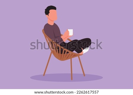 Graphic flat design drawing side view of relaxed handsome guy sitting in lounge chair, enjoying free time with hot coffee. Tea time or take break after office hour. Cartoon style vector illustration