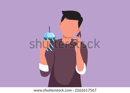 Character flat drawing of young handsome man drinking orange juice while making phone call with smartphone and having breakfast at home. Morning routine before work. Cartoon design vector illustration