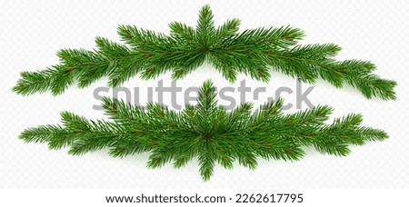 Pine tree branch christmas garland set realistic vector illustration. Fir twigs with green needles isolated on transparent background. Winter holiday evergreen decoration, spruce or cedar elements