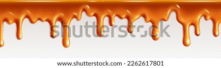 Realistic isolated caramel dripping cream. Vector melt candy syrup pattern. Liquid toffee flow illustration on transparent background. Fluid sticky maple frame border decoration. Royalty-Free Stock Photo #2262617801
