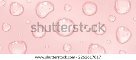 Realistic serum drops on pink surface background. Vector illustration of 3d liquid blobs with gel, oil, collagen, jelly, water texture and glossy surface. Cosmetic beauty care product with hyaluron