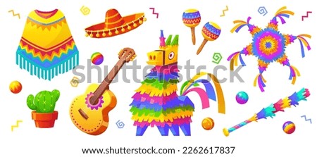 Cartoon set of mexican party accessories isolated on white background. Vector illustration of traditional donkey pinata, spanish guitar, maracas, sombrero, potted cactus. Child birthday elements