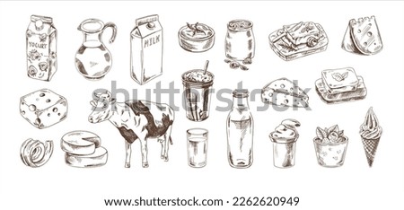 Hand-drawn Dairy products sketch set. Cheese, butter, yogurt, milk, jug, cow, ice cream, bottle, glass. Vector illustration. Black and white vintage drawing.  Royalty-Free Stock Photo #2262620949