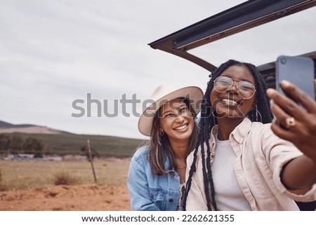 Happy, friends and selfie with women on road trip for travel, freedom or summer in countryside mockup. Smile, diversity and phone with girl and pictures in car for bonding, social media or technology