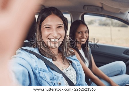 Woman, friends and portrait for road trip selfie, journey or holiday adventure together in the car. Happy women smile for photo memories or social media in vehicle travel, transport or vacation break