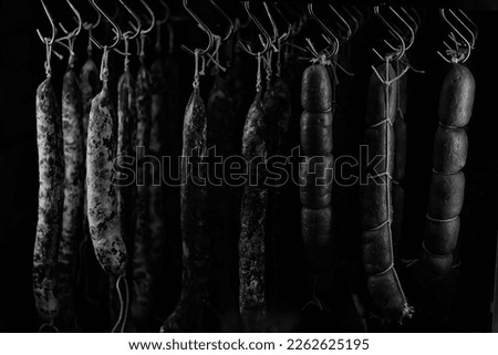 smoked sausages in the smokehouse, meat ham production