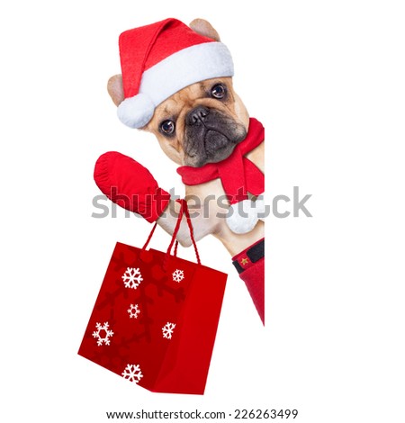santa claus christmas dog  isolated on white background, waving hands, and shopping on sale