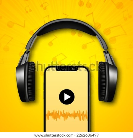 Smart phone with headphones on a yellow background. Music concept. EPS10 vector