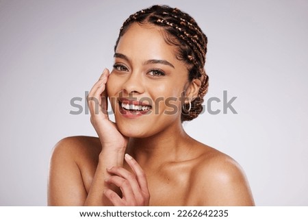 Portrait, face or happy woman with beauty after skincare or self care routine isolated on studio background. Headshot, beautiful or Latino girl model with natural facial treatment or grooming results