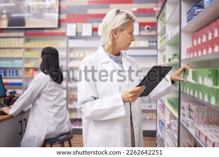 Pharmacy product, pharmacist woman and tablet for medicine management, stock research or inventory. Digital technology, retail logistics and senior medical doctor or person on pharmaceutical database