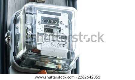 Watt hour meter. Electric power box meter measuring power usage in home. Watt hour electric meter measurement tool at pole for house use. Watt hour meter for reading home electricity consumption. Royalty-Free Stock Photo #2262642851