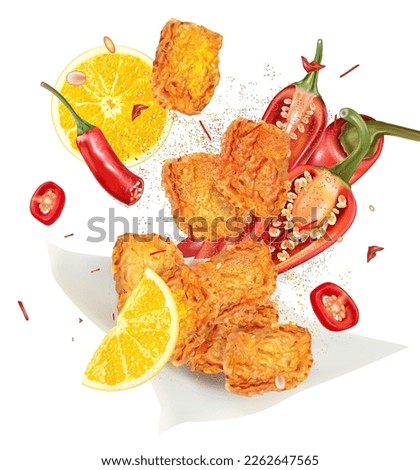 Spicy fried chicken nuggets with red chili, lemon and vegetable ingredients splashing on white background. Vector realistic in 3D illustration. Food concepts. Royalty-Free Stock Photo #2262647565