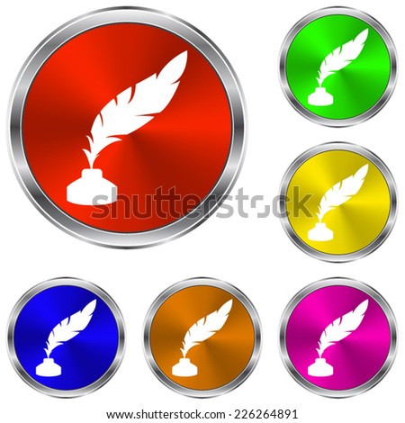feather and ink bottle icon - vector glossy colourful buttons