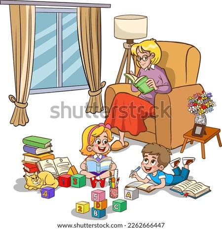 family drawing.woman reading book and kids studying cartoon vector