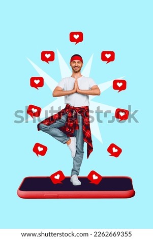 Vertical collage picture of mini positive guy stand huge telephone screen meditate yoga like notification telegram instagram