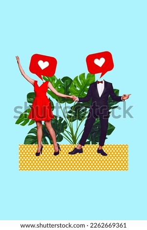 Vertical collage picture of two miniature formalwear people like notification instead head hold hands dancing big green plant leaves