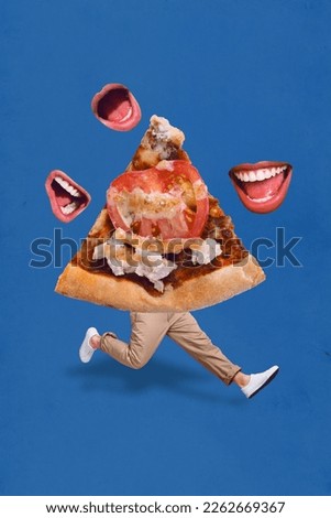 Vertical photo collage of headless caricature man student running order delivery junk food homemade slice pizza hungry isolated on blue background