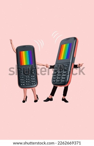 Vertical collage picture of two people retro cell mobile phone instead body hold arms dancing isolated on drawing background