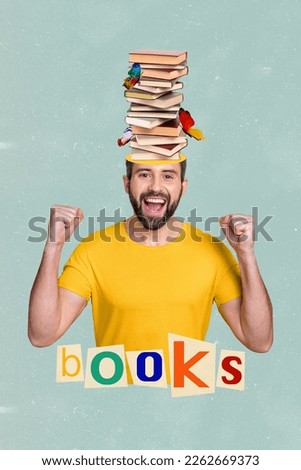 Vertical collage picture of delighted excited guy raise fists shout yes hooray pile stack book inside head isolated on creative background